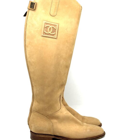 CHANEL Vintage 2006 Nubuck Leather CC Logo Back Zip Tall Riding Knee High Boots - Picture 7 of 15